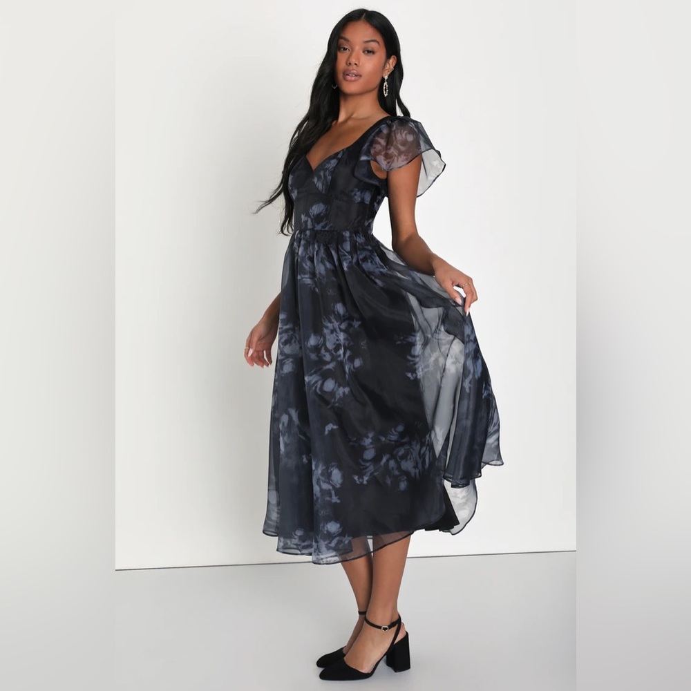 Lulu's Navy and Black Floral Chiffon Midi Dress - Picture 2 of 4